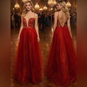 Sherri Hill Red & Nude Tulle Lace Maxi Dress